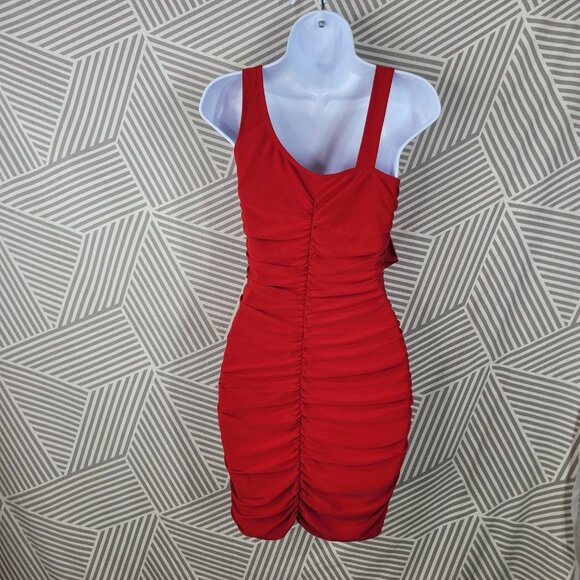 Vintage 90s Bodycon Mini Dress Medium Sexy Sheath Club Evening Red Ruched Ruffle - Picture 5 of 7